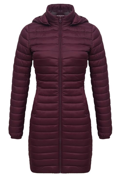 Women's Packable Long Puffer Jacket Lightweight Quilted Parka Jacket Winter Coat with Detachable Hood