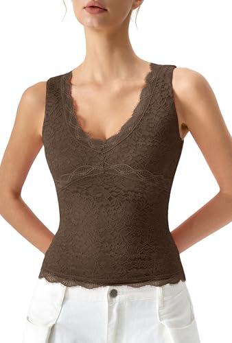 QINSEN Slim Fitted Bodycon Lace Vest for Women V Neck Sleeveless Camisole Top Soft Floral Lace Undershirt Chestnut S