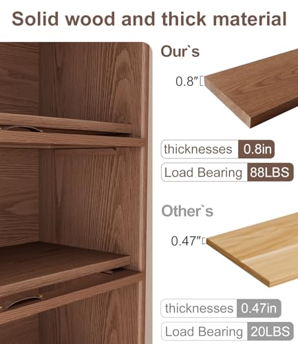 Image of Solid Wood Book Case 5 Tier Bookcase with Tempered Clear Glass Flip-Up Doors Bookshelves Brown natural wood Bookshelf Versatile Pantry Cabinet with Storage Home Office (log color D14xW32xH72 inch)