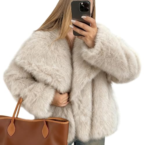 FSVABY Womens Cropped Fluffy Faux Fur Coat Open Front Long Sleeve Furry Jacket with Pockets (Apricot, Large)