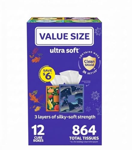 Ultra Soft 3-Ply Facial Tissues, 12 Cube Boxes (72 Tissues/Box,