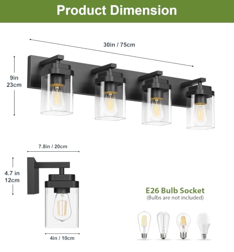 Image of Black Bathroom Light Fixtures, 4 Lights Bathroom Lighting Fixtures Over Mirror, Square Design & Rectangle Large Backplate, Modern Vanity Lighting Fixtures, for Bathroom /Living Room /Bedroom