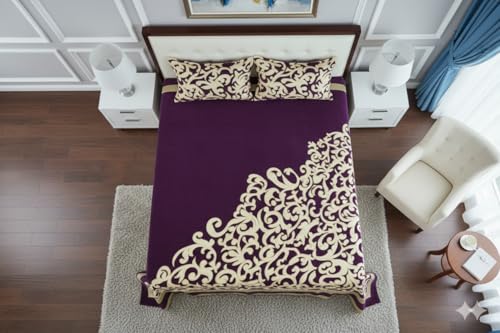 Image of Fresh from Loom Cotton Bedsheet, Chenille 500 TC Fabric, Abstract Pattern, 2 Pillow Covers Bedsheet Set, Premium Feel Bedding for Bedroom Home, Skin Frie 90x100 Inches | Trangle Purple | Chenille