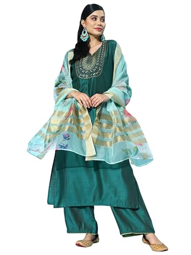 Image of INDO ERA Women's Teal Viscose Embroidered Straight Kurta & Palazzo With Dupatta Set (BOGSS3720)