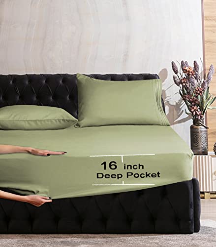Image of Mocassi Queen Sheet Set - Luxury Hotel 1800 Premier Bedding Sheets & Pillowcases - Ultra Soft Breathable & Cooling Bed Sheets - Deep Pocket - Wrinkle Resistant - 6 Piece Set - Queen, Sage Green