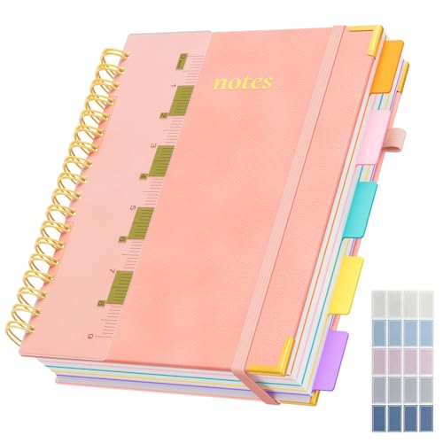 XYark B5 Hardcover Spiral Notebook, 8"x10" College Ruled Notebooks with Removable Dividers Tabs & Ruler, 5 Subject Notebook 300 Pages, Large Lined Journal for Women Men School Work Office, Pink