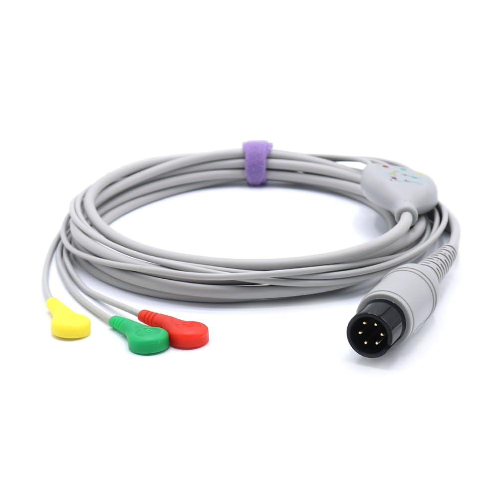skmeditec3 Lead IEC EKG/ECG Cable with Snap Compatible with Medtronic-Physio/Infinium/Nihon Kohden/AAMI, 11 FT Direct-Connect Cable TPU Cord 6 Pins Round Connector With Resistor 1K