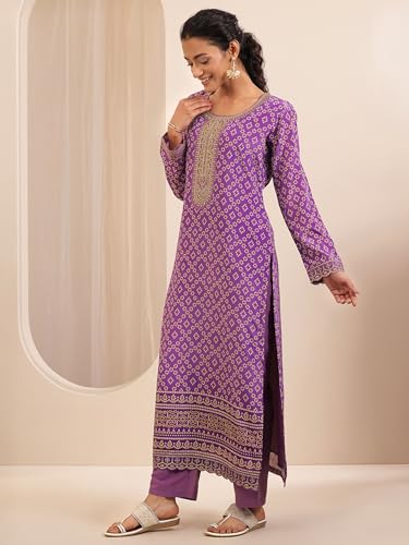 Image of Libas Lavender Printed Chinon Straight Kurta Set for Women Suit