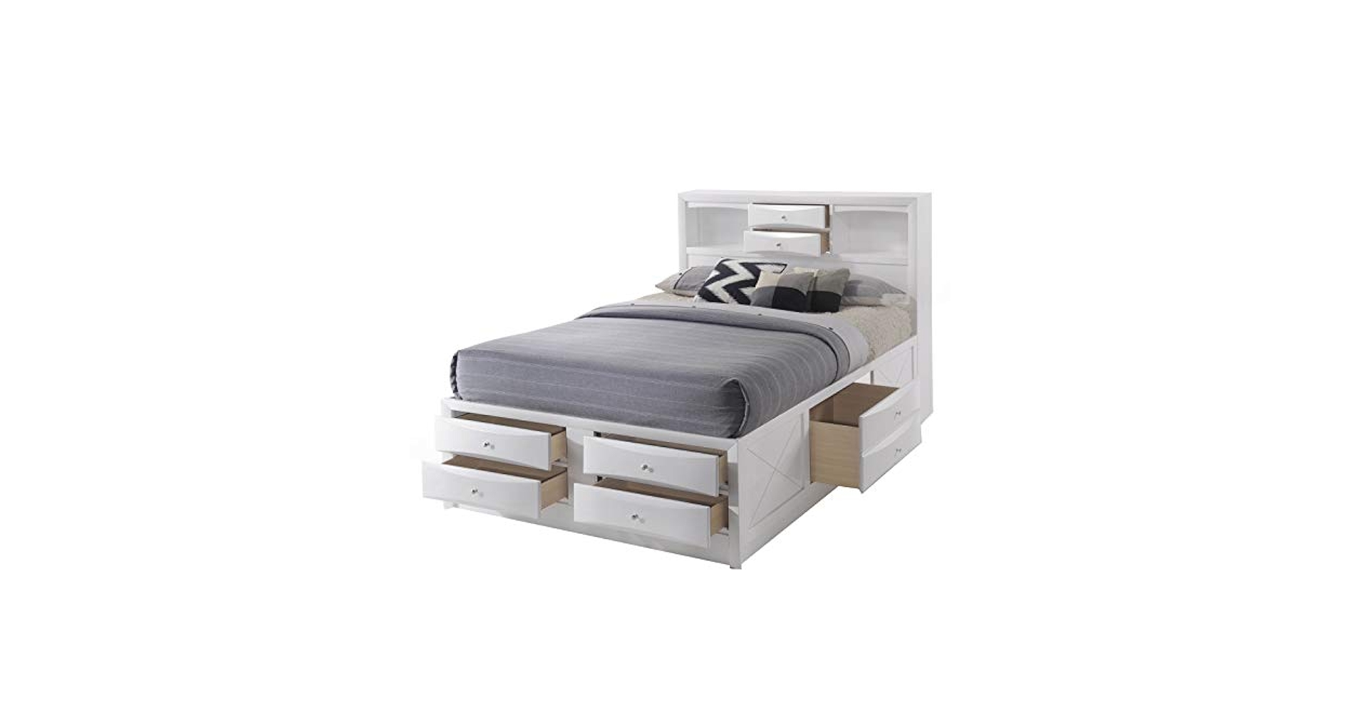 荻。ページ Queen Size Wood Platform Bed Frame with Storage Bookcase
