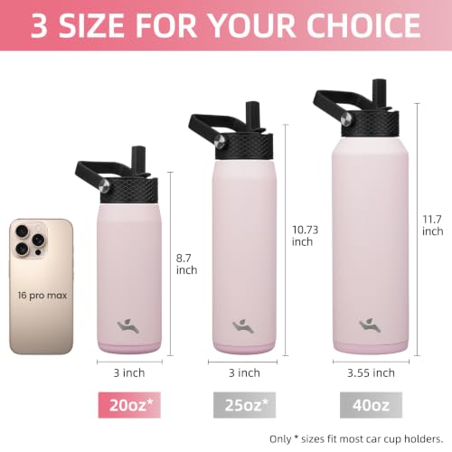 Image of Konokyo 20oz Insulated Stainless Steel Water Bottle with 3 Lids, Leakproof BPA-Free Bottle with Straw Lid, Sip Lid and Flex Cap for Gym, Travel, School, Office, Pink