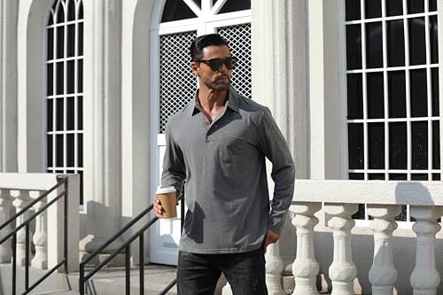 Men's Long Sleeve Polo Shirts Cotton Casual Button T Shirt with Pocket Classic Work Collared Basic Golf Shirts3