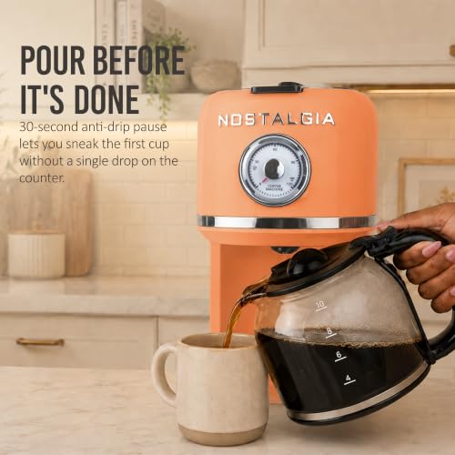 Image of Nostalgia Classic Retro 10 Cup Coffee Maker - One-Touch Drip Brew, Reusable Filter - Anti-Drip, Auto Shutoff, & Time Display - Dishwasher Safe 50 oz Carafe - Orange