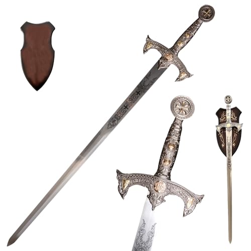 47 Templar Knight Sword All Metal with Display Plaque Medieval-Style Western Stainless Steel Crusader Replica Sword for Wall Decoration Collecting Display Gifting
