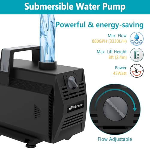 VCRAZE All-in-1 Pond Waterfall Kit with LED Lights, 12 inch Stainless Steel Spillway with 880GPH Water Pump, Outdoor Waterfall Fountain for Water Feature, Garden, Backyard, Pool