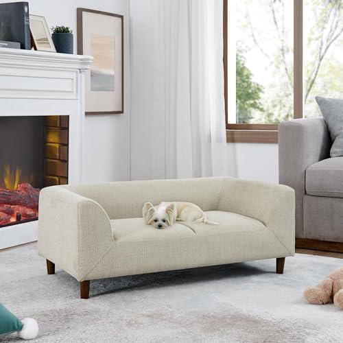 Image of Dog Sofa Couch for Medium Dogs, 39 inch Memory Foam Dog Sofa Bed, Modern Elevated Pet Couch Bed with Wooden Legs for Medium Dogs, Beige Grey