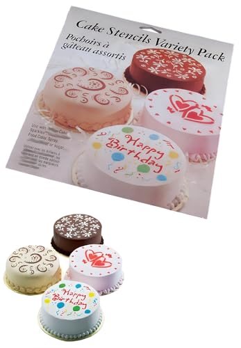 YOFAN 4-Piece Variety Cake Stencil Template,Birthday Heart Flower Spirals Decorating Mold Tool