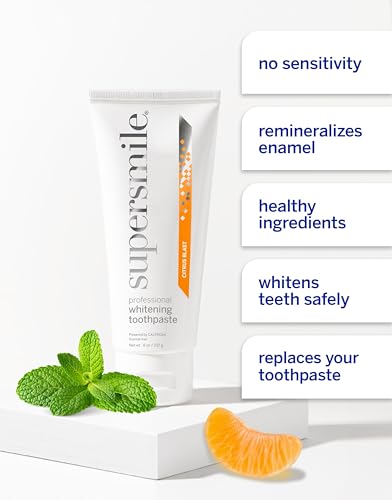 Image of Supersmile Citrus Blast Fluoride-Free Whitening Toothpaste, 8 oz, Professional Whitening Toothpaste with Calprox, Whitens 5.5 Shades in 7 Days, RDA 65 Low Abrasion, Enamel Safe for Veneers
