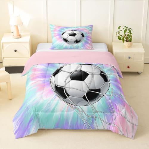 Image of Feelyou Football Comforter Set Toddler Size Soccer Bedding Set for Kids Boys Girls Watercolor Tie Dye Duvet Quilt Sports Bedroom Decor Microfiber 2 Pcs with 1 Pillow Cases