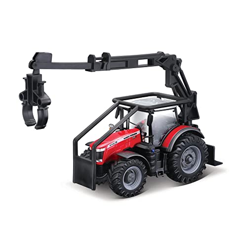 Bburago Massey Fergusson 8740S Tracteur avec Chargeur Frontal et 3 bûches, 10 cm, Couleurs Assorties