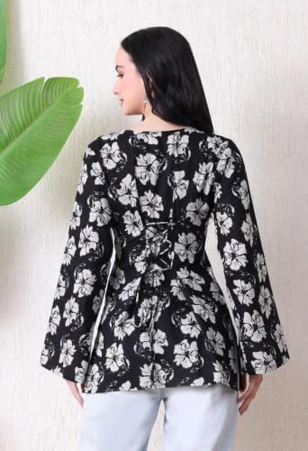 Image of Women Pure Cotton Floral Printed Short Kurti | Square Neck | Full Sleeves | Stylish Ethnic Kurta | Back Tie-Up | Casual Wear Kurta
