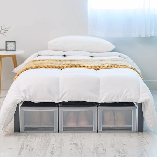 Under Bed Storage Bins, 17 Qt Medium Plastic Drawers, Stackable Modular Design, Gray Frame with Clear Bins, 12.05x14.25x8.39 Inches, 3 Pack - Image 3