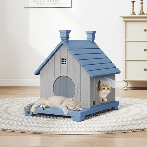 GULAIMOAO Outdoor Cat House Weatherproof, Resin Cat Houses for Outdoor Cats, Cat Box Enclosure with Elevated Base, Anti-Slip Pad, Ventilation, Blue