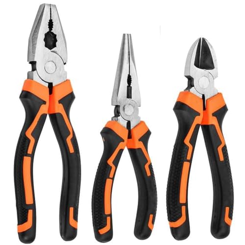 WOWEI Set di 3 Pinze, Taglio Laterale 160 mm, Becchi Lunghi 160 mm, Combinata 180 mm - Manici Morbidi Pinze Utensili a Mano per Riparazioni Domestiche e Meccaniche per Elettricisti Nero Arancione