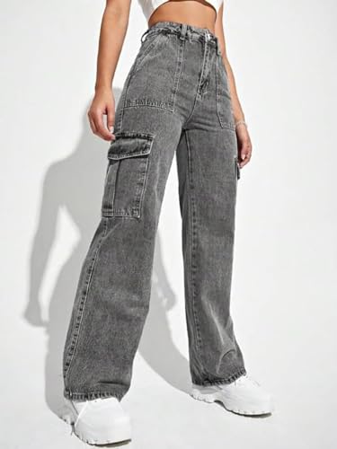 Image of Glossia Fashion High Waist Cargo Denim Jeans for Women Wide Leg Stretchable Straight Fit Jeans(WJ1-1215-$)