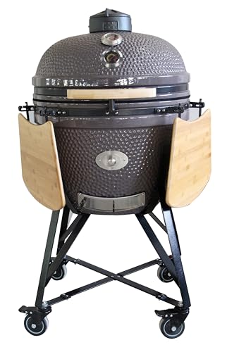 YNNI KAMADO TQ0C25GY Gril sur mesure XL 63,5 cm avec chariot et tables en bambou, gris avec mangeoire, barbecue, céramique, œuf, fumoir TQ0C25GY