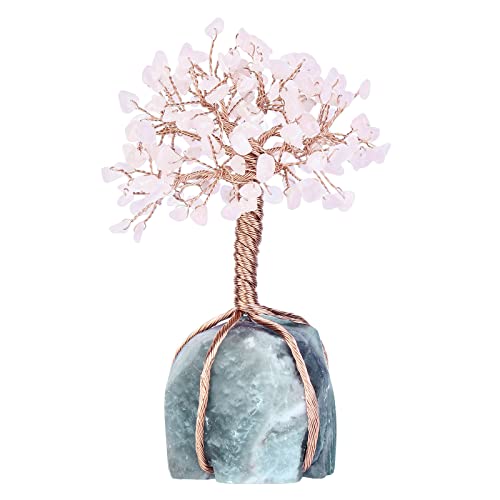 mookaitedecor Rose Quartz Crystal Tree, Raw Crystals Fluorite Base Bonsai Money Tree for Wealth and Luck