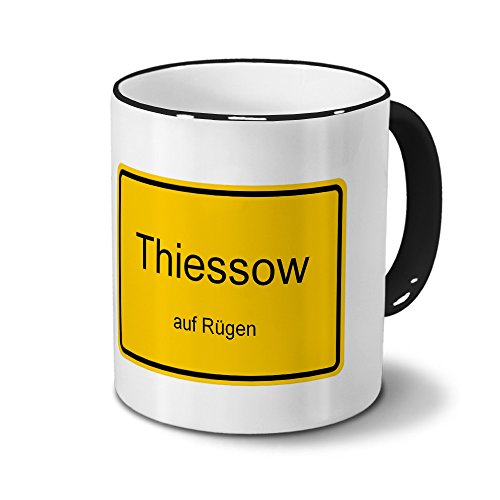 Städtetasse Thiessow - auf Rügen - Design Ortsschild, Stadt-Tasse, City-Mug, Kaffeetasse - Becher Schwarz