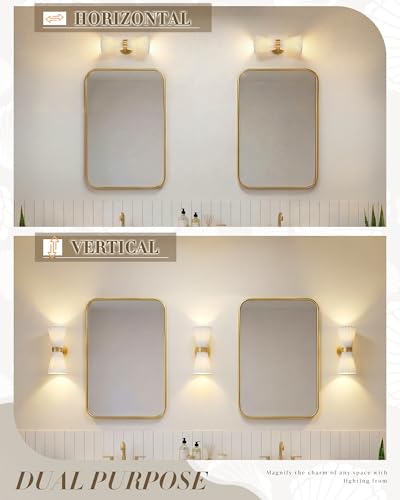 Image of Wall Sconces Set of Two, HWH 14.3 Inch Gold Bathroom Light Fixtures with Milk White Striped Fabric Shade, Modern Wall Light fixtures for Living Room Bedroom, 5HZG97B-2W-2PK BG-FB