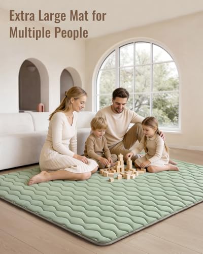 Image of Blissful Diary Baby Play Mats for Floor, 71x59 Inch Extra Thicker & Large Soft Cushioning Foam Playmats for Babies and Toddlers, Foldable Washable Baby Crawling Mat for Playpen, Sage Green