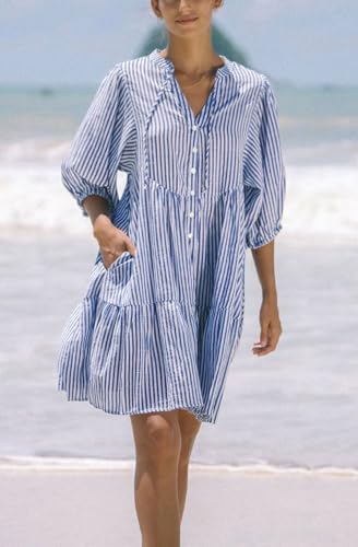 chouyatou Women's Summer V-Neck Casual Striped Midi Shirt Dress Tiered Boho Beach Tunic Babydoll Dress2