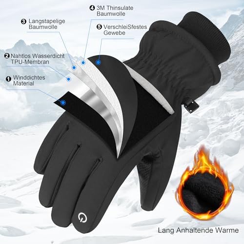 Guanti Da Sci Invernali Unisex Caldi E Impermeabili - Guanti Touchscreen Con Tasche Per Uomo E Donna, Antivento Per Neve E Snowboard (Nero, Taglia L) - 5