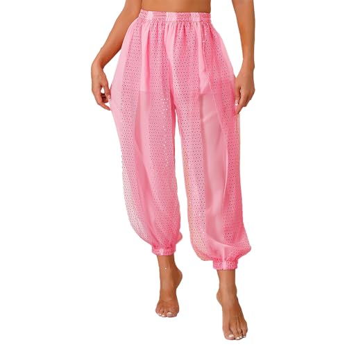 YEAHDOR Women Belly Dance Costume Harem Pants Sequines Dots Yoga Pants Indian Arabic Bloomer Trousers Pink One Size