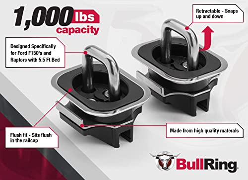 Bull Ring Flush Fit Ford Shorty Low Profile Retractable Truck Bed Tie Down Anchors For 1998-2014 Ford F150 5.5′ Bed, 2010-2014 Ford Raptor, Rail Cap Trim Required For Installation, 1 Pair #TOP2