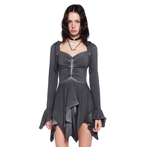 Dolls Kill F is for Fairies Hooded Mini Dress by Current Mood - Charcoal Wash Fabric Dress with Hoodie - Perfect for Fairycore Fashion - Gray Large