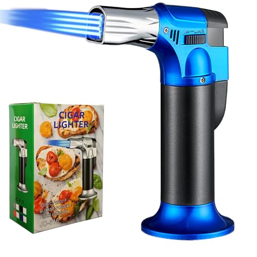 Butane Torch Lighter,Refillable Blow Torch Kitchen Cooking Torch with Safety Lock Adjustable Flame for Creme Brulee BBQ Baking—Butane Gas Not Included (Blue)