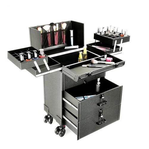 Valise de maquillage à roulettes en aluminium avec tiroir coulissant et clés