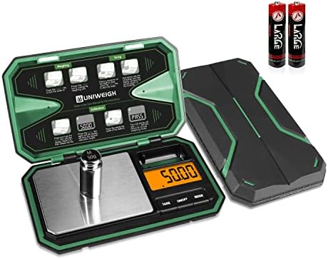 UNIWEIGH Digital Pocket Scale 200g/0.01g, Digital Scale Grams, Mini Jewelry Scale, Coins Scale with 50g Cal Weights for Powder, Weed (Battery Included)-Green