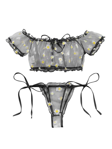 Image of Lilosy Sexy Stretch Ruffle Tie Sheer Mesh Lingerie Set Outfits