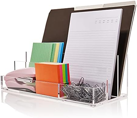 Acrylic Desk Organizer for Office Supplies and Desk Accessories, 12.5” x 5.5” x 4” and 5mm Acrylic Valet to Organize Documents, Files, Mail, Paper Clips, Sticky Notes, Tablet, Other Storage (Clear)