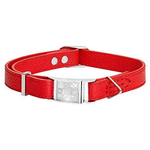 BMusdog Leather Dog Collar with Quick Release Gold Silver Metal Buckle with Bling Cubic Zirconia Stones, Training Walking Stylish and Soft Real Adjustable Leather Collars (Red Leather, Silver Clasp) Cover
