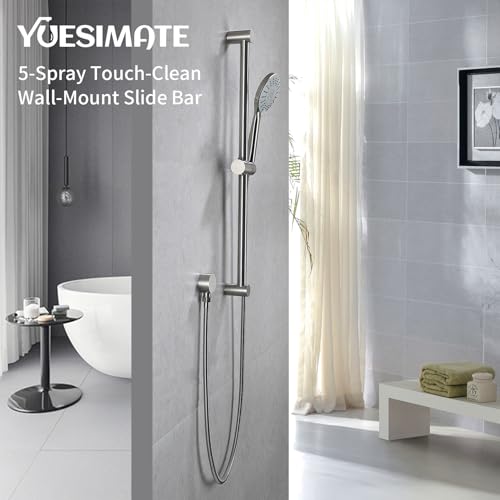 YUESIMATE 304 Stainless Steel Shower Slide Bar 28-Inch with Adjustable Handheld Shower Head and 59-Inch Hose, High Pressure 5 Setting Hand Shower with Wall Mount,Shower Slide Bar Combo, Brushed Nickel by YUESIMATE - Used condition - Image 8