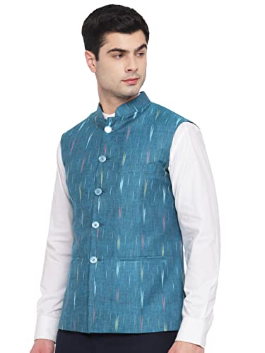 Image of Vastraa Fusion Mens Ikat Printed Cotton Nehru Jacket (VS4503-42 Teal Green-Small Arrow 42)