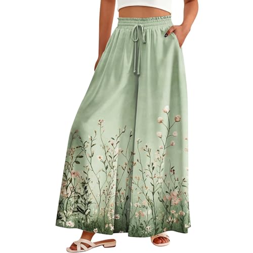 Women Casual High Waist Wide Leg Pants Summer Long Palazzo Pants Flowy Pants for Women Lounge Beach Trousers with Pocket