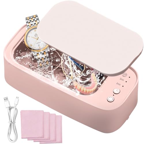Ultrasonic Cleaner Machine, Portable Ultrasonic Jewellery Cleaner Glasses Cleaner with 3 Cleaning Modes and Timer Pink