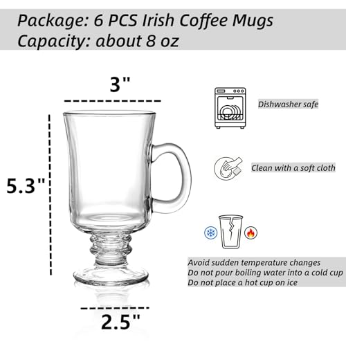 Dicunoy 6 Pack Irish Coffee Mugs, 8 oz Glass Clear Coffee Cups Stemmed, Pedestal Crystal Coffee Cup with Handle for Cappuccino, Latte, Ice Cream, Cocoa, Rum, Smoothies, Christmas Gift by Dicunoy - Image 2