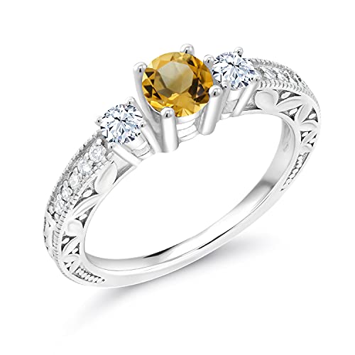 Gem Stone King 1.08 Cttw Round Yellow Citrine 925 Sterling Silver Engagement Ring for Women | Gemstone Birthstone | Available In Size 5, 6, 7, 8, 92